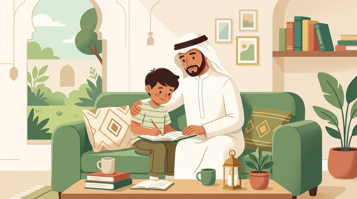 طفل يجلس أمام كتبه قبل الامتحان ووالده يجلس بجانبه بهدوء