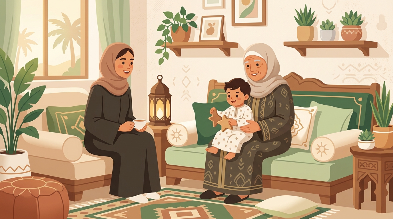 جدة تجلس مع أحفادها بينما الأم تراقب