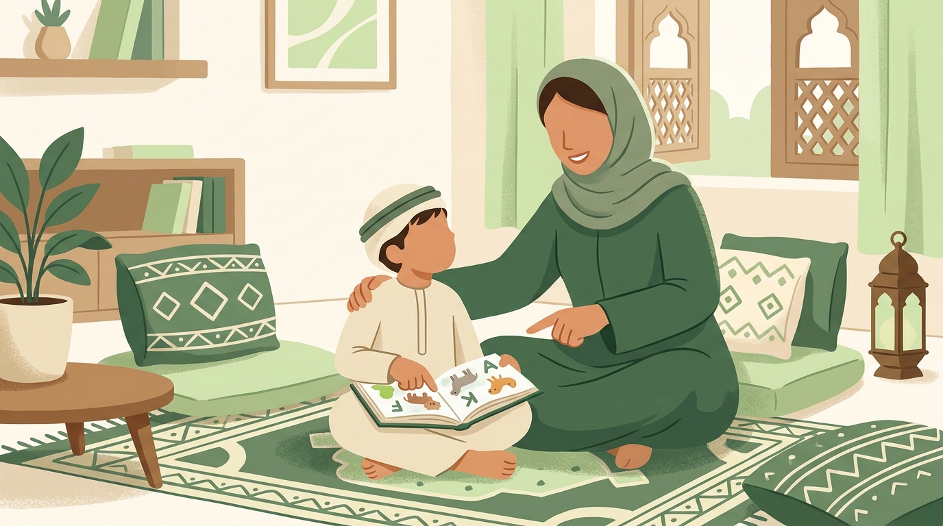 طفل يحاول القراءة مع والدته