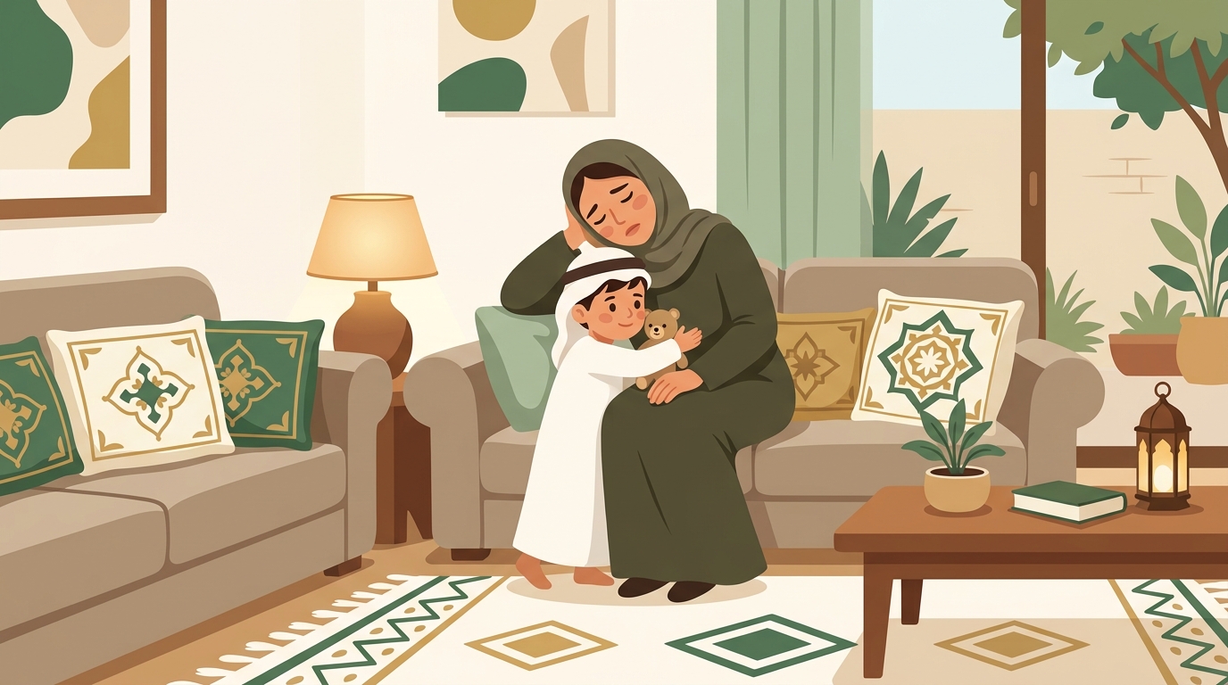 أم جالسة وحدها في مطبخها تمسك كوب قهوة بتعب وشرود