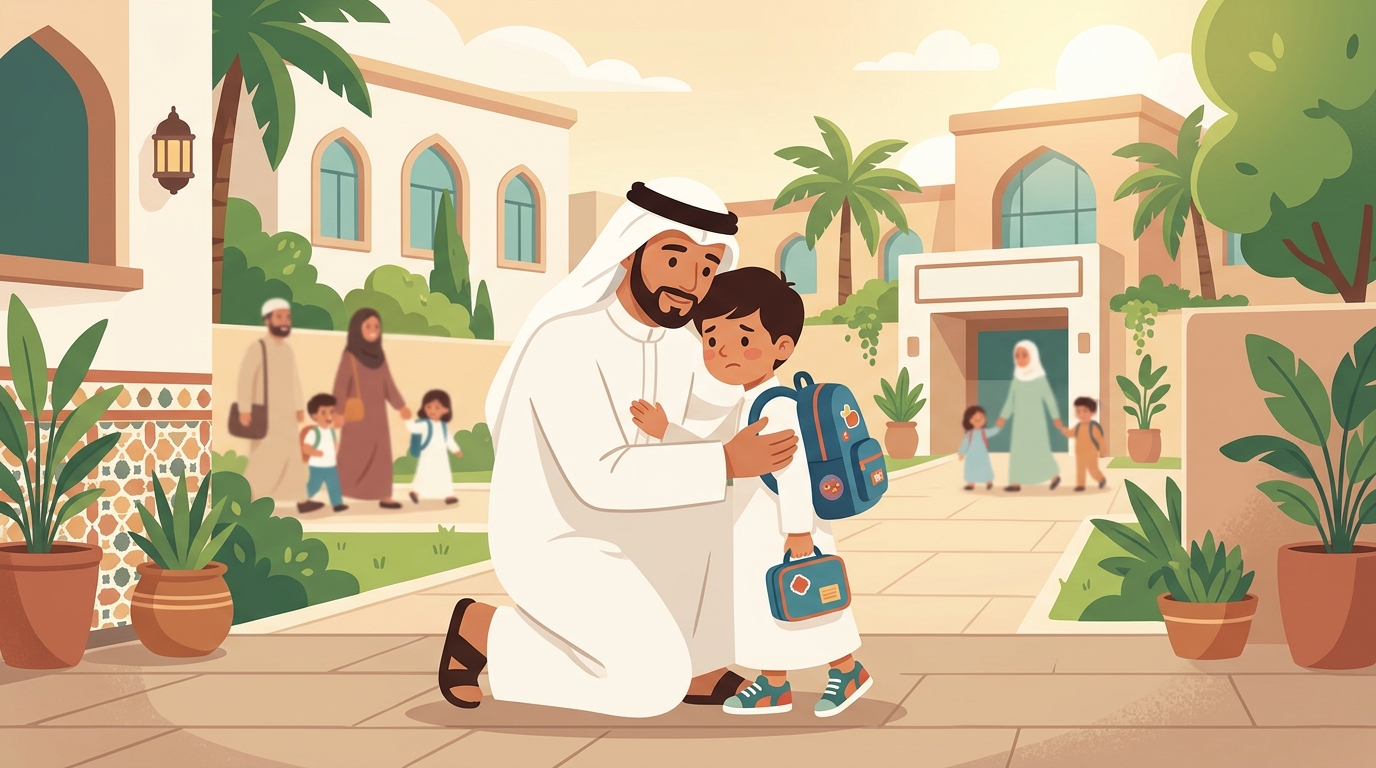 طفل يودع أمه عند باب المدرسة