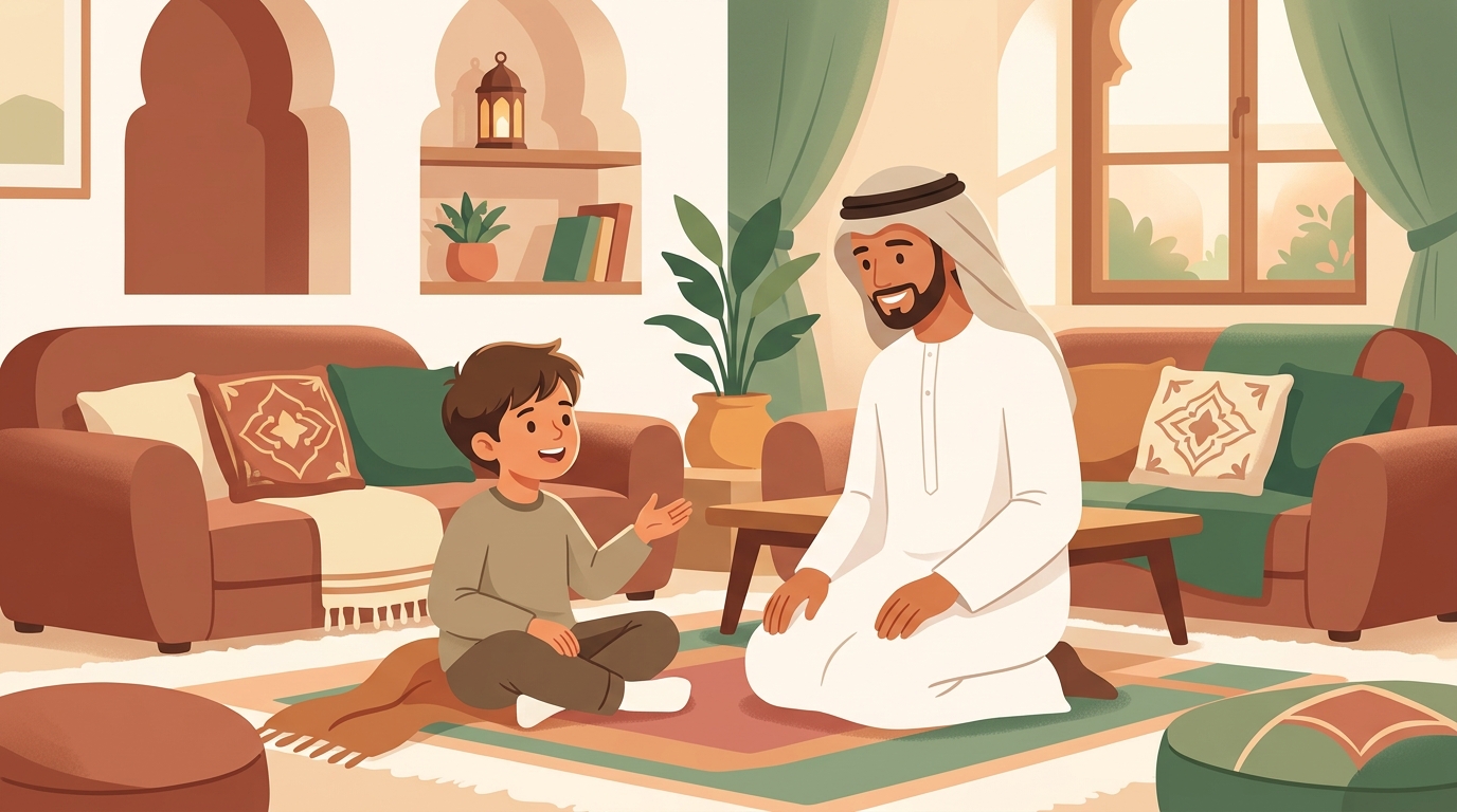 أب وابنه يتحدثان بدفء وانتباه